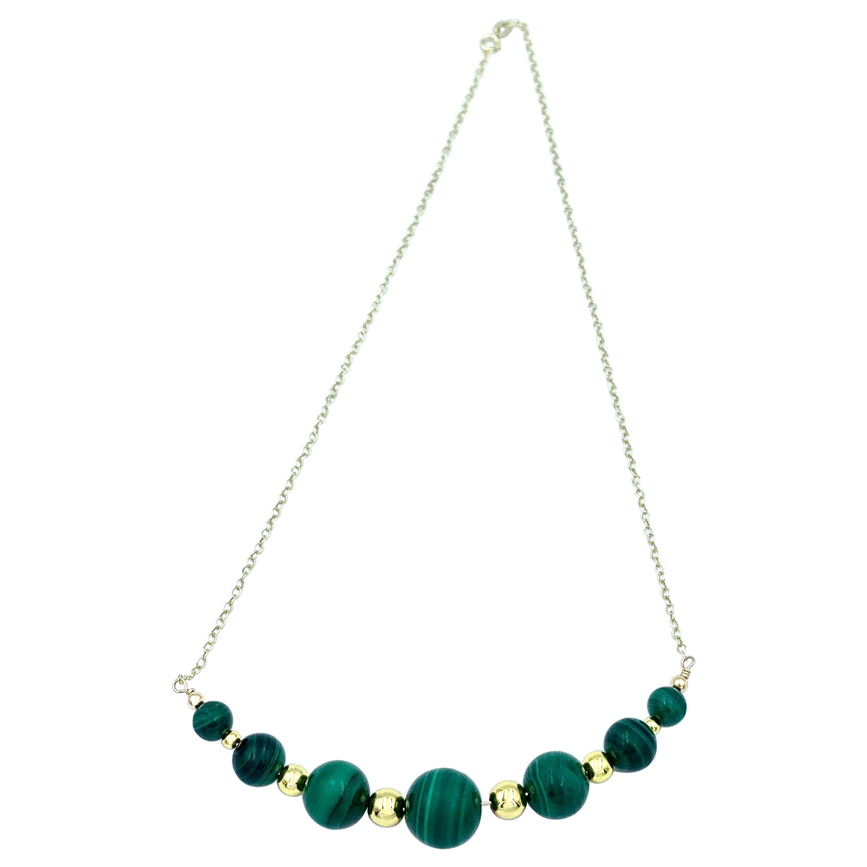 Malachite and Gold Bead Graduated Sweetie Necklace in Yellow Gold For Sale