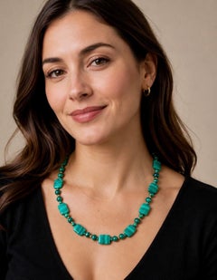 Malachite and Gold Necklace, 14K Gold, Handcrafted Beads & Plaques, 50cm