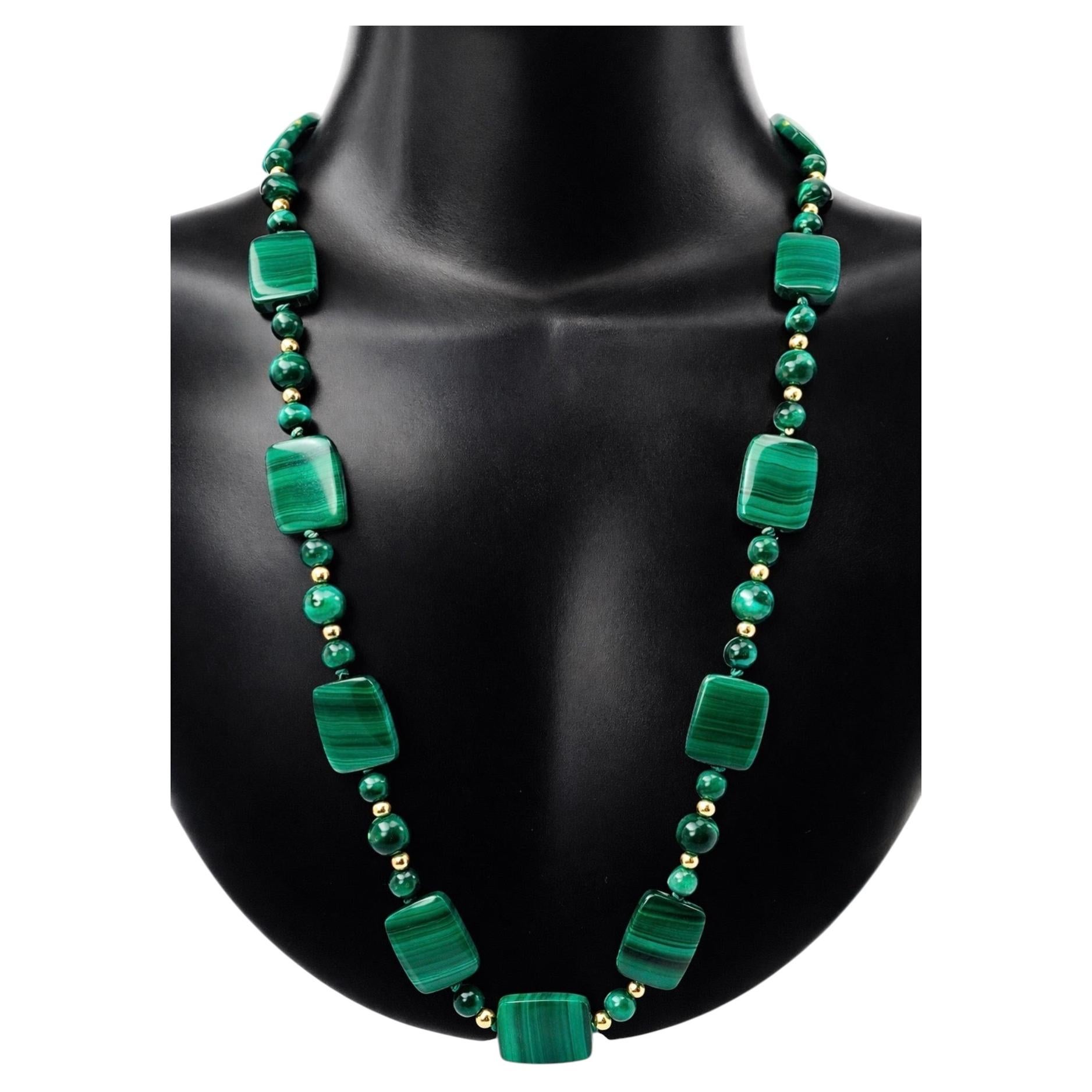 Malachite and Gold Necklace, 14K Gold, Handcrafted Beads & Plaques, 50cm
