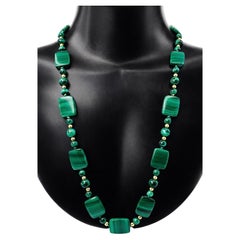 Vintage Malachite, 14K Gold Bead Necklace, Graduated Plaque Design, 50cm