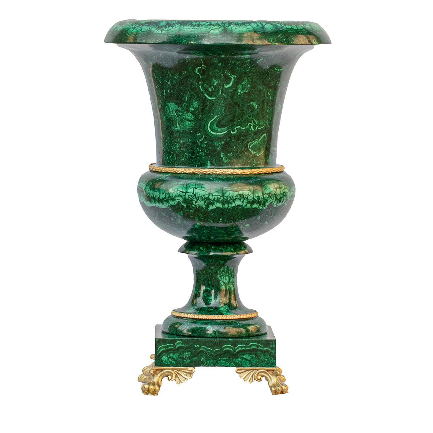 This sumptuous vase is inspired by the Medici style of Renaissance Italy. Entirely handcrafted using the mosaic technique, this one-of-a-kind piece features finely cut tesserae of silky, green-banded African malachite on a pedestal base with a