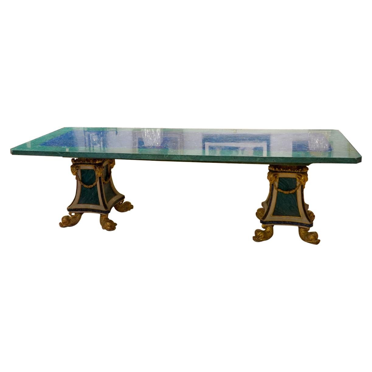 Malachite and Lapis Lazuli Dining Table on Twin Carved Baroque Style Pedestals