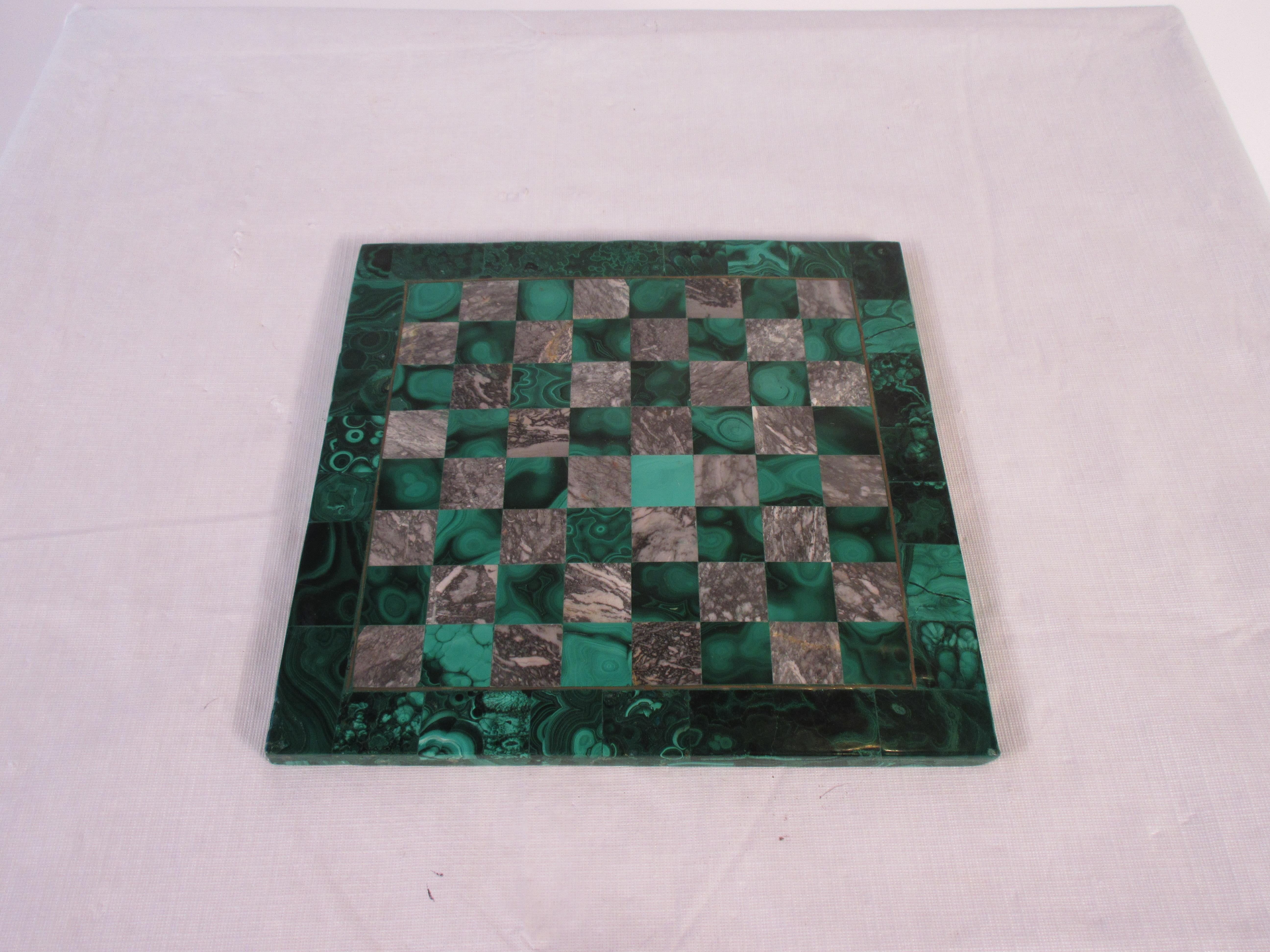 1970s Malachite and marble chess board with brass inlay.