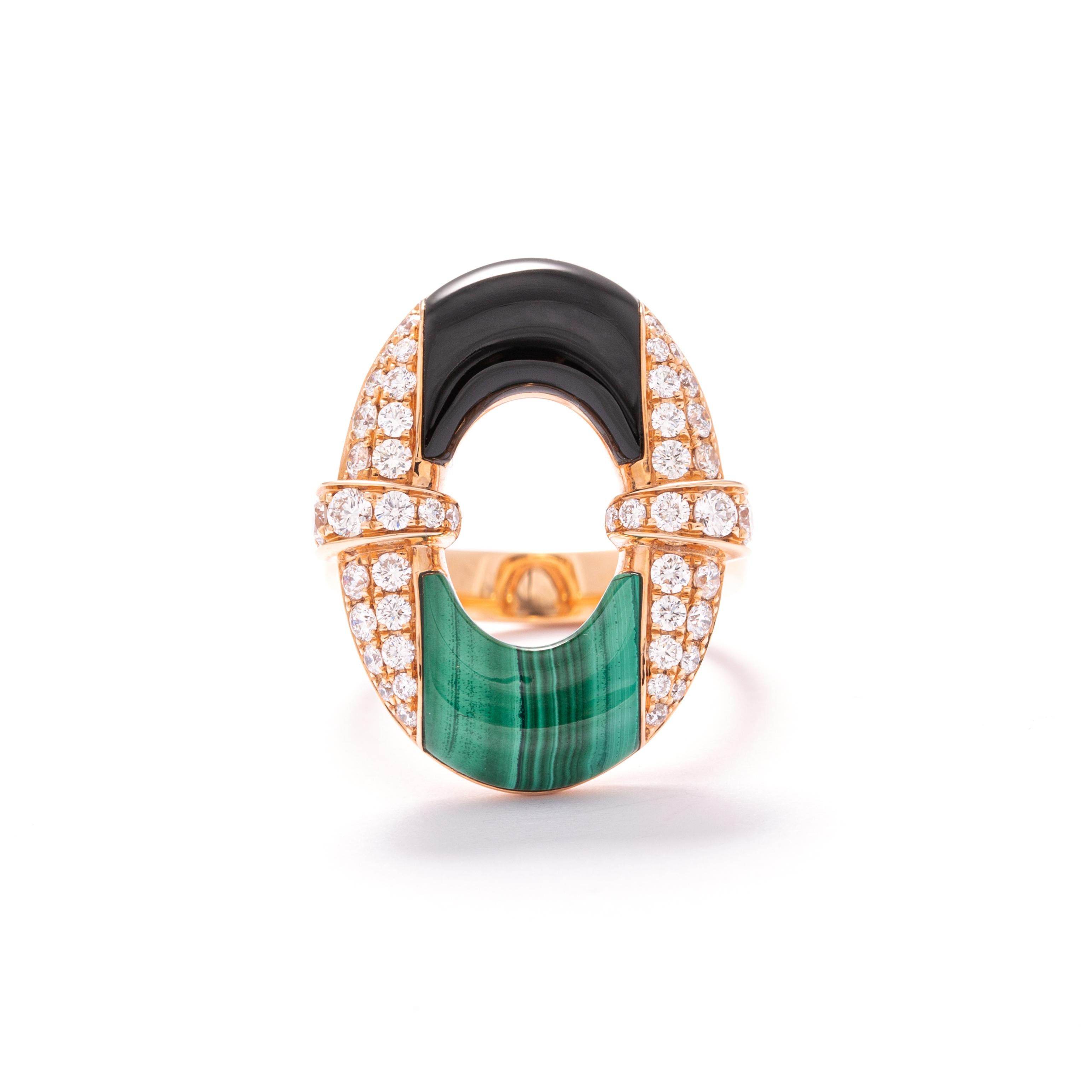 Ring in 18kt pink gold set with 46 diamonds 0.92 cts, one onyx 1.90 cts and one malachite 2.80 cts Size 53 