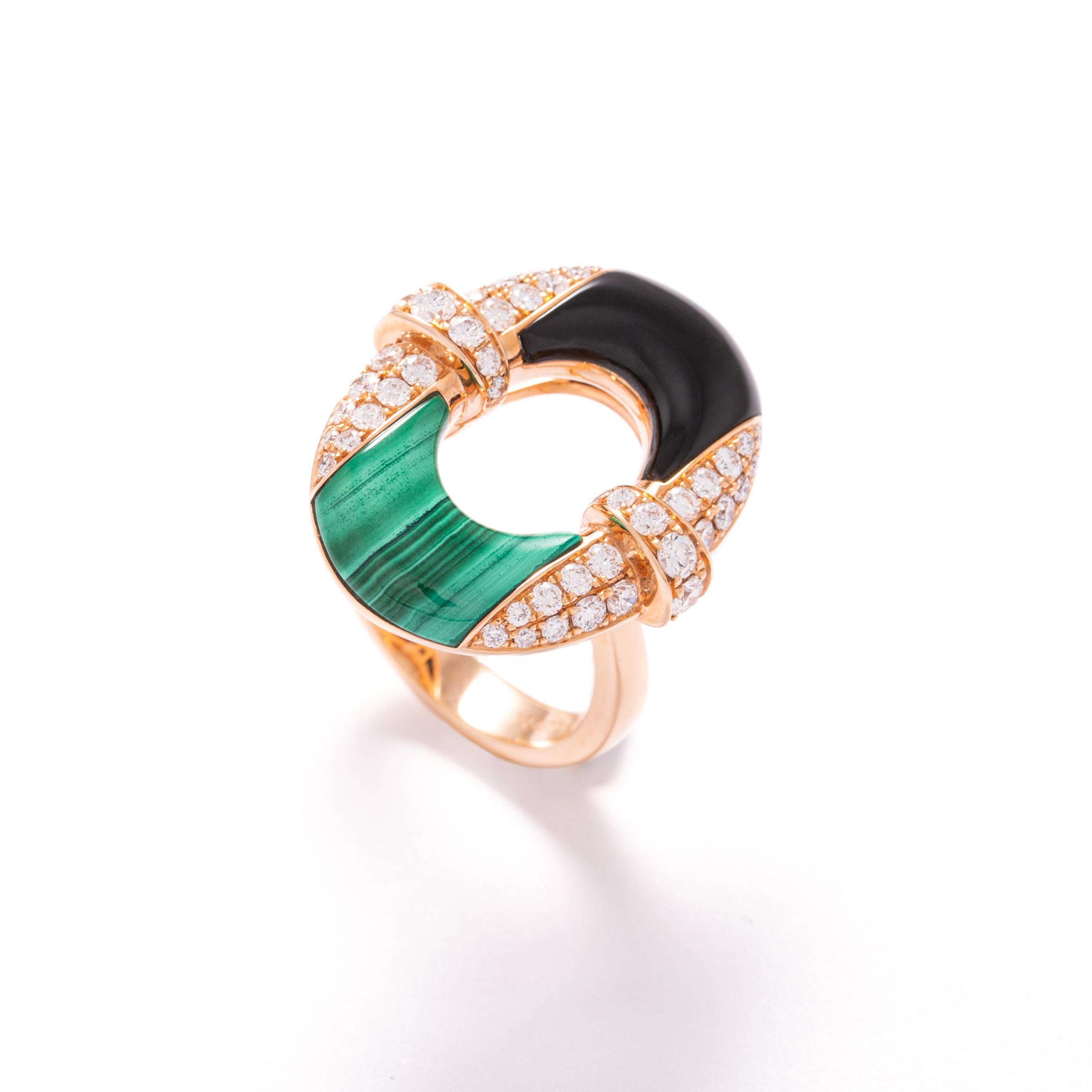Contemporary Malachite and Onyx Pink Gold Ring For Sale