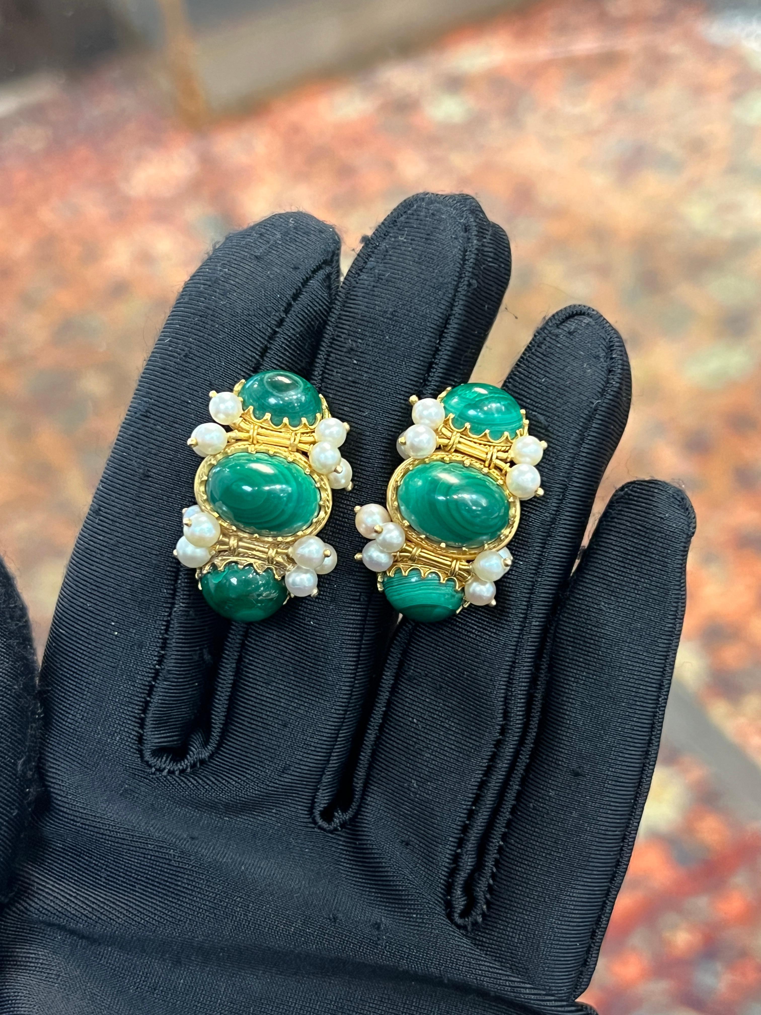 Round Cut Malachite and Pearl Earrings For Sale