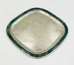Malachite and Silver Plate Tray, Mexico 1950s, in the Style of Los Castillo