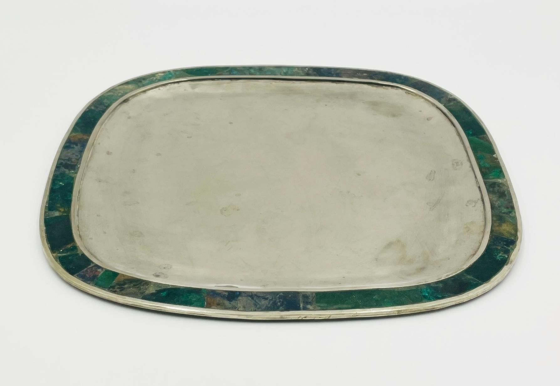 Mid-Century moderno Vassoio in malachite e placca d'argento, Messico, anni '50, nello stile di Los Castillo in vendita