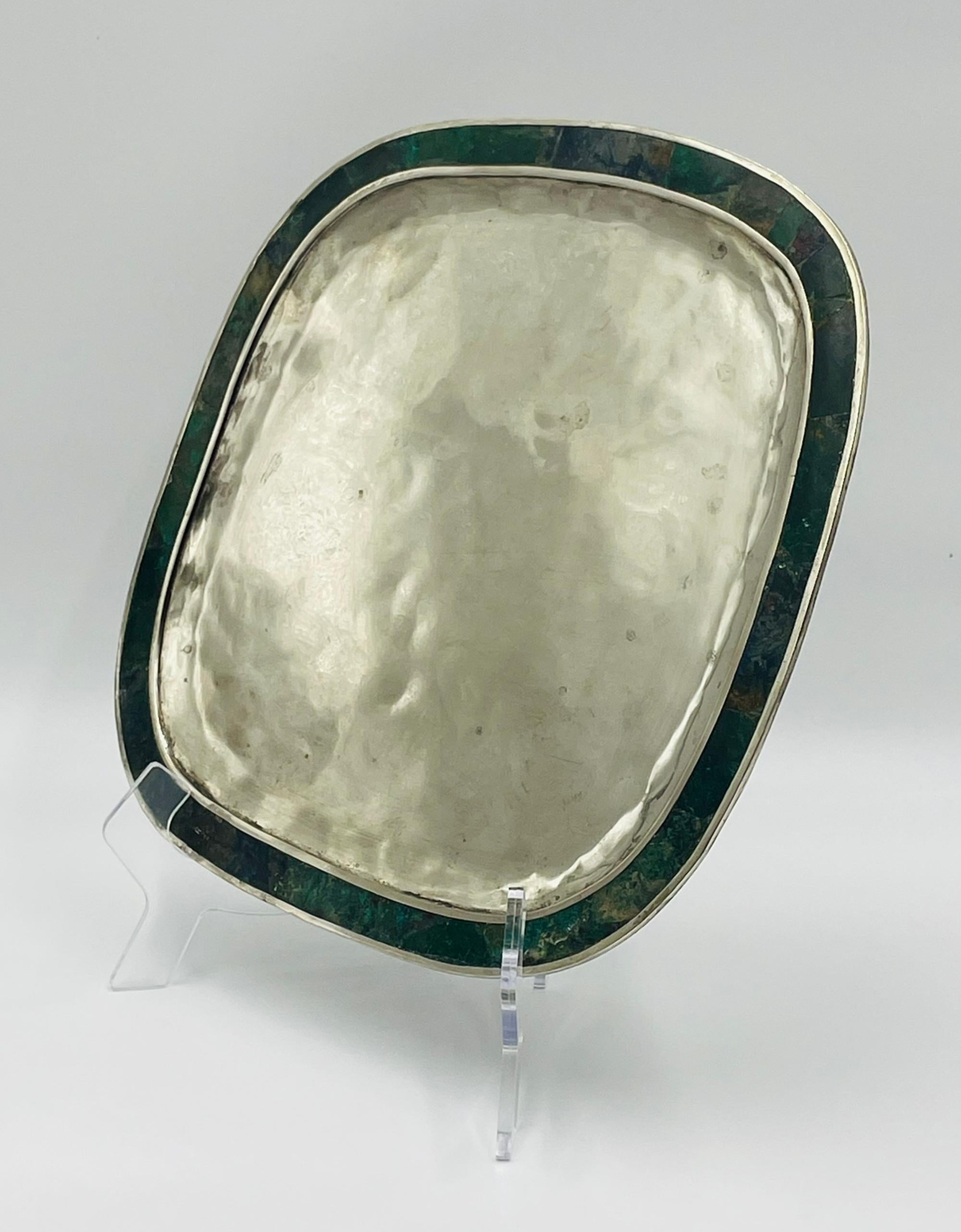 Vassoio in malachite e placca d'argento, Messico, anni '50, nello stile di Los Castillo In condizioni buone in vendita a Los Angeles, CA