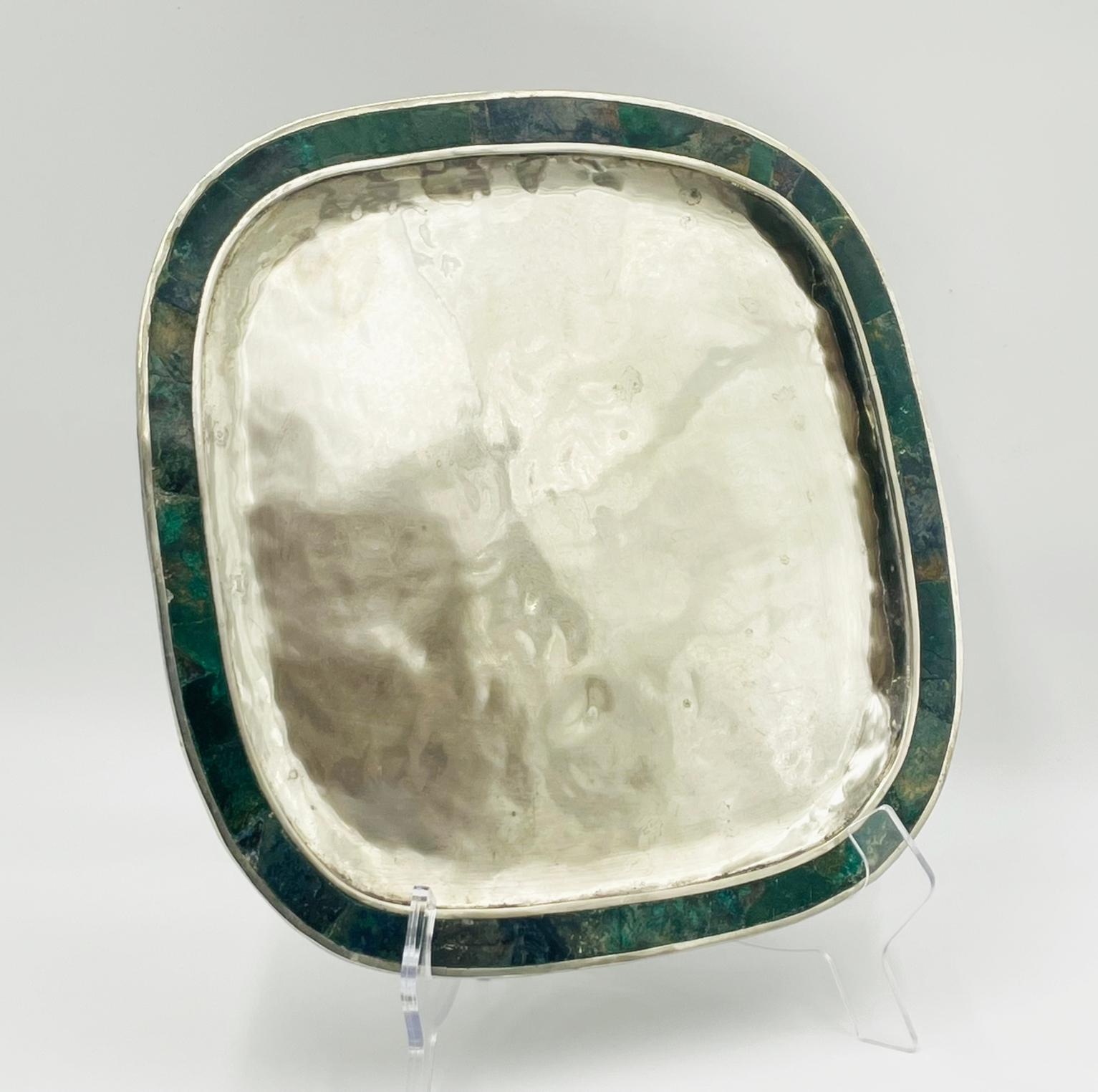 Placcato argento Vassoio in malachite e placca d'argento, Messico, anni '50, nello stile di Los Castillo in vendita
