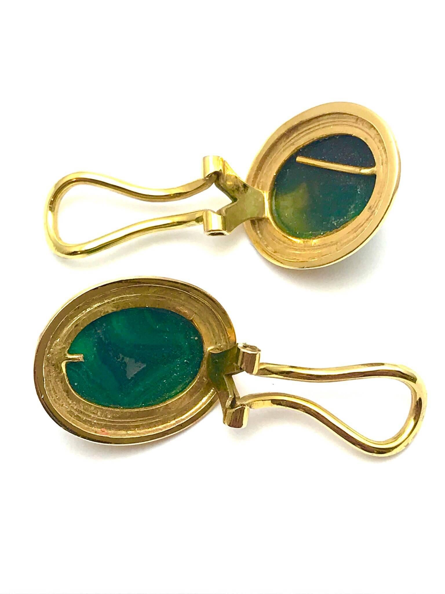 Retro Malachite and Yellow Gold Clip Earrings