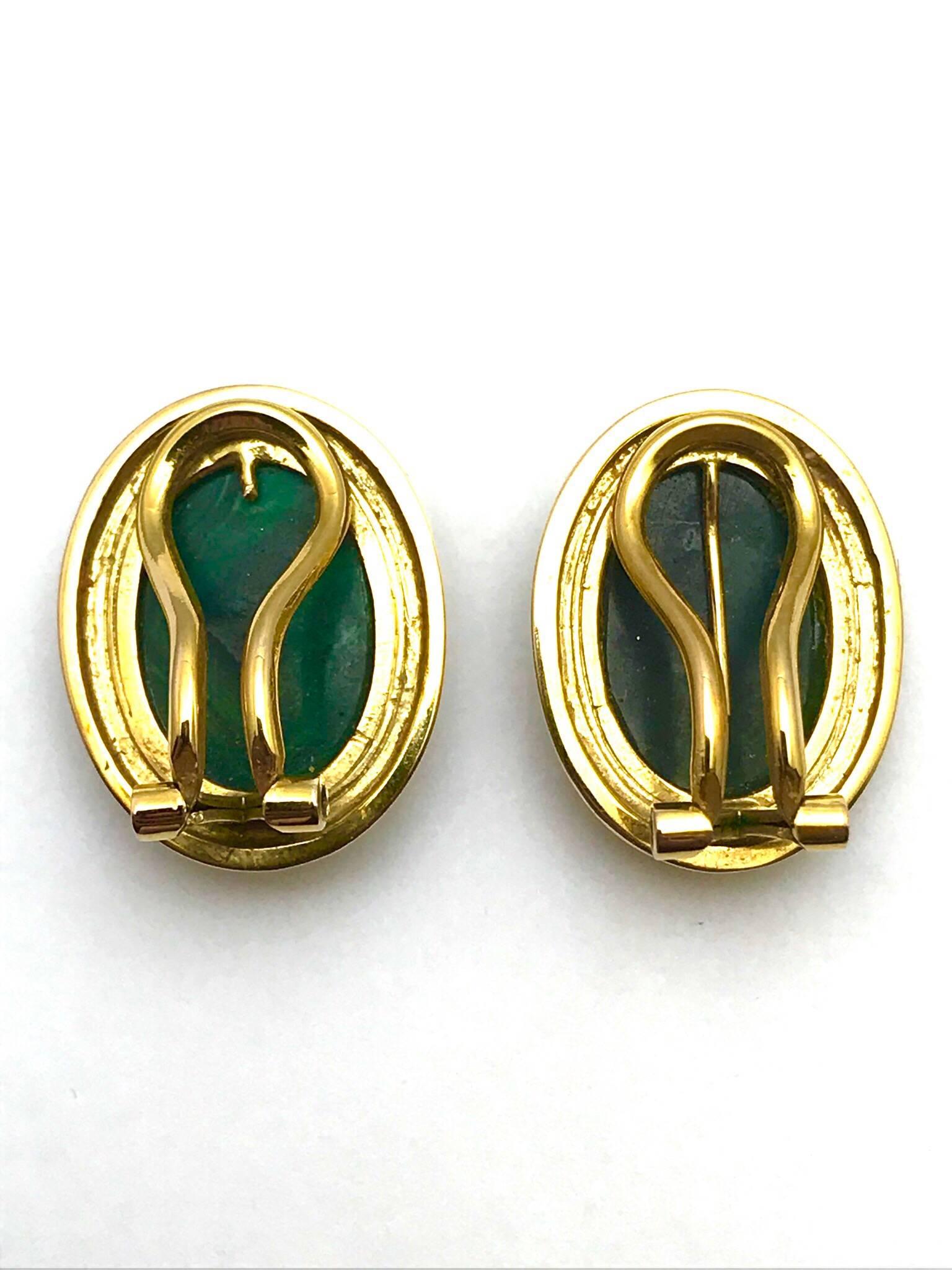 Oval Cut Malachite and Yellow Gold Clip Earrings