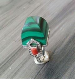 Malachite Art Deco Pyramid Style 14K Solid Gold Diamonds Cocktail Ring
