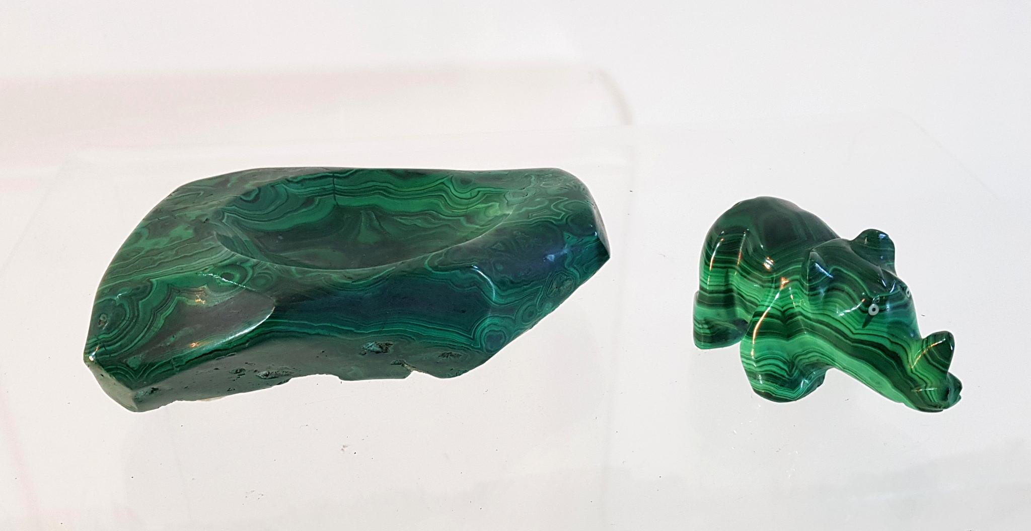 Mid-Century Modern Malachite Ashtray and Rhino Figurine