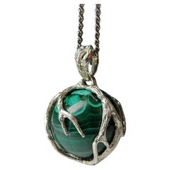 Malachite Ball Silver Pendant Natural Green Magic Gemstones Statement Jewelry