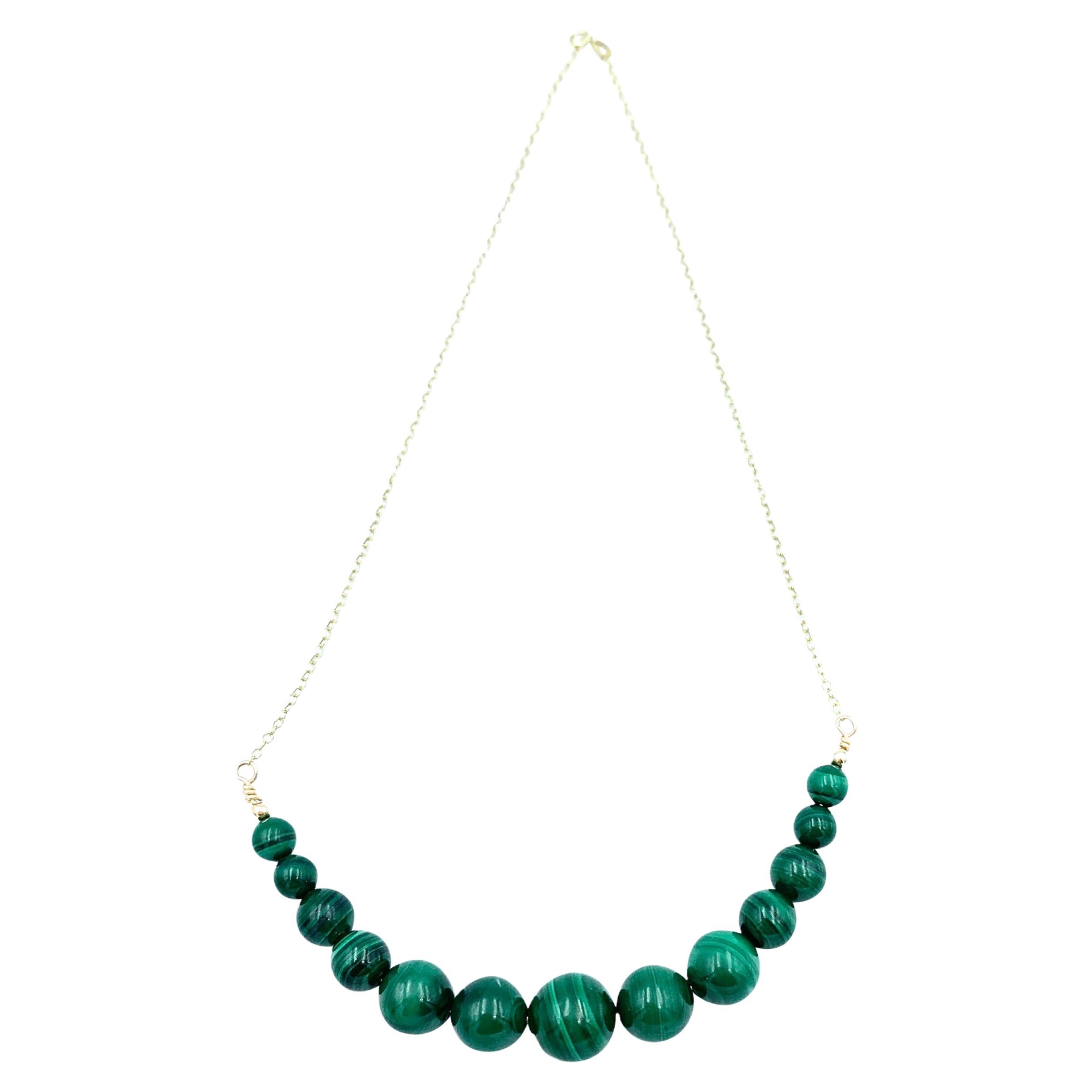 Malachite Bead Graduated Sweetie Necklace in Yellow Gold For Sale