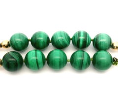 Malachite Bead Strand Necklace 14k Yellow Gold Beads Fluted Caps & Clasp 29"