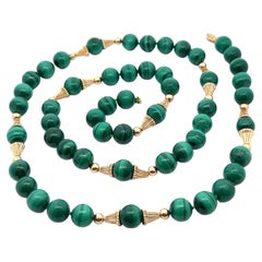 Malachite Bead Strand Necklace 14k Yellow Gold Beads Fluted Caps & Clasp 29"