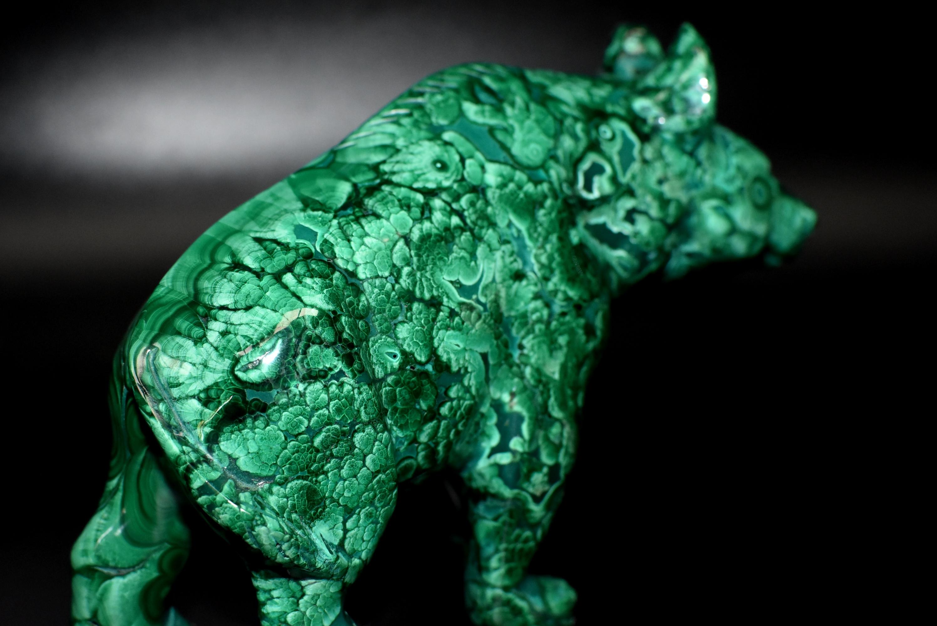 Malachite Bear Sculpture 2 Lb All Natural 1st Grade In Excellent Condition In Somis, CA