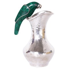 Vintage Malachite Bird on a Silver Plate Pitcher