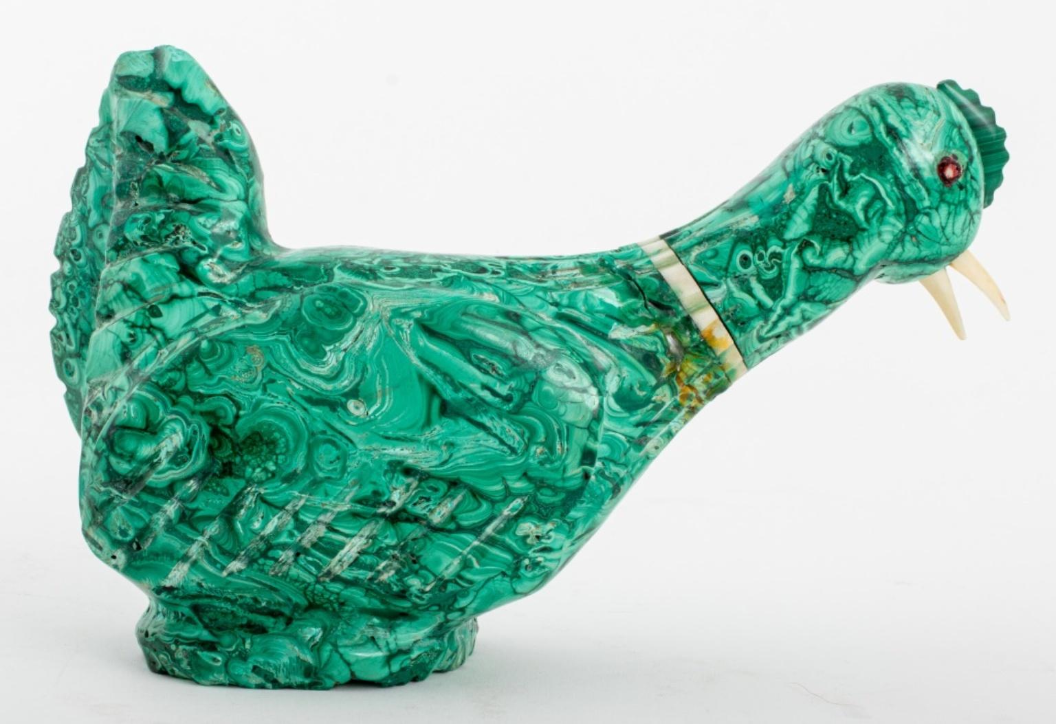 Malachite hardstone sculpture depicting a hen chicken, inset with rock crystal quartz accents and bone beak.

Dimensions: 5