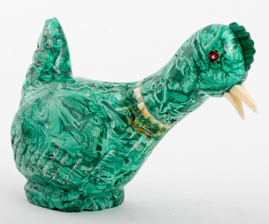 Folk Art Malachite Bird Sculpture with Inset Quartz & Bone For Sale