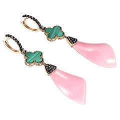 Malachite Black Diamonds Pink Shell Dangle Earrings in 14 Karat Yellow Gold