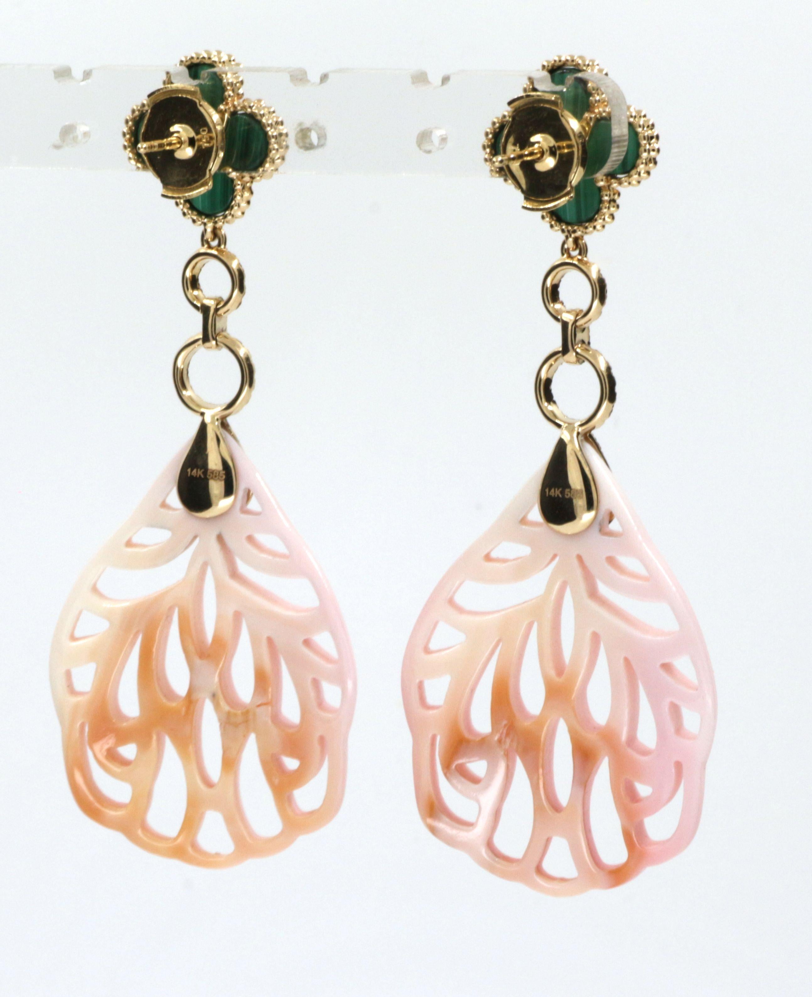 Round Cut Malachite Black Diamonds Pink Shell Dangle Earrings in 14 Karat Yellow Gold For Sale