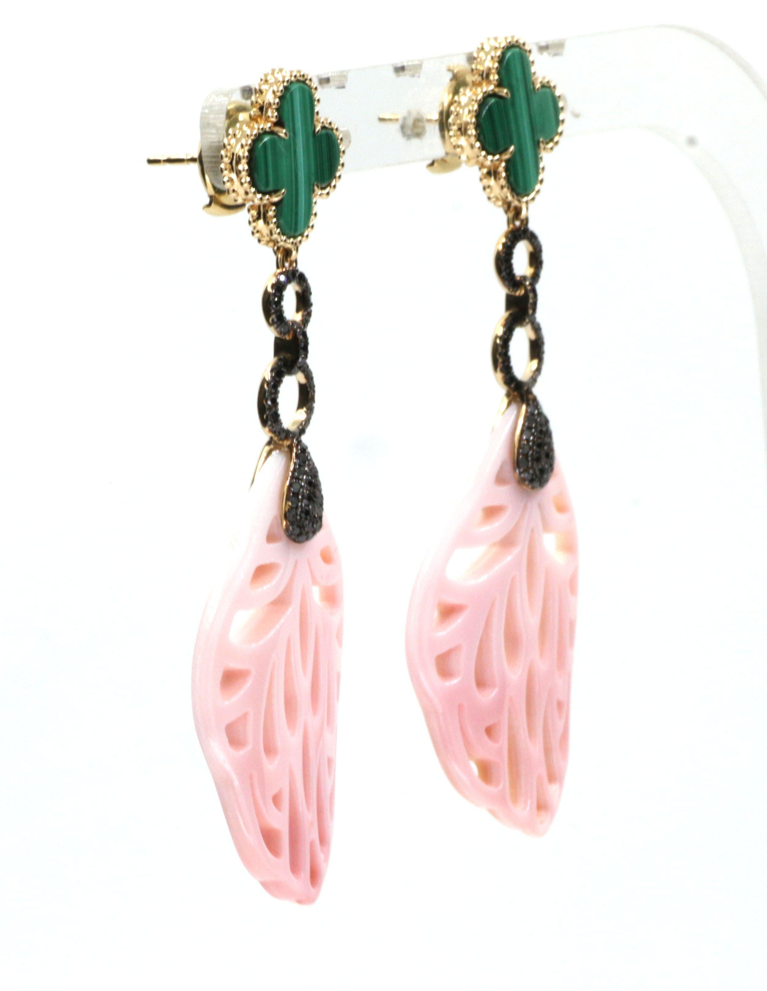 Women's Malachite Black Diamonds Pink Shell Dangle Earrings in 14 Karat Yellow Gold For Sale