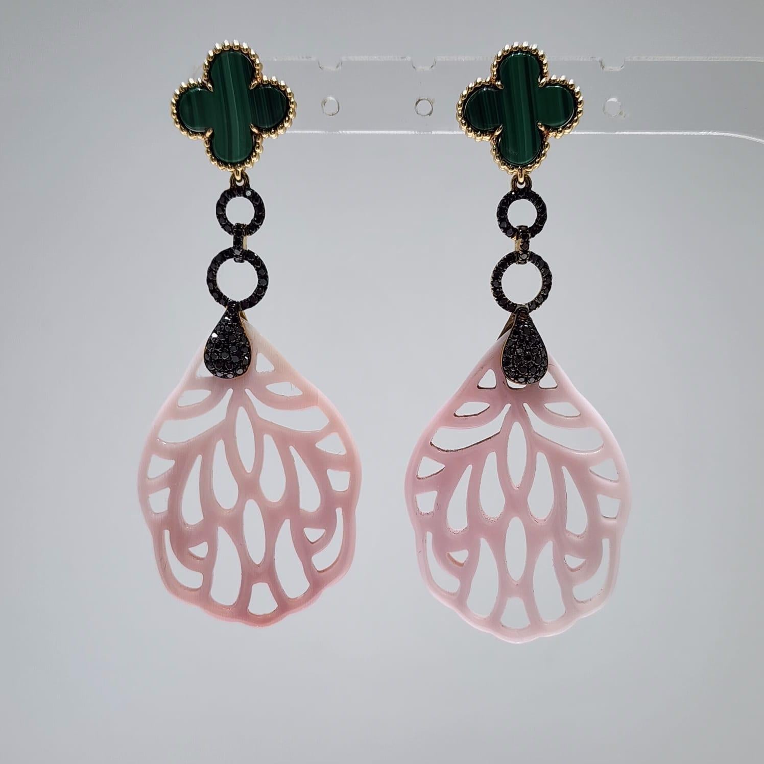Malachite Black Diamonds Pink Shell Dangle Earrings in 14 Karat Yellow Gold For Sale 2