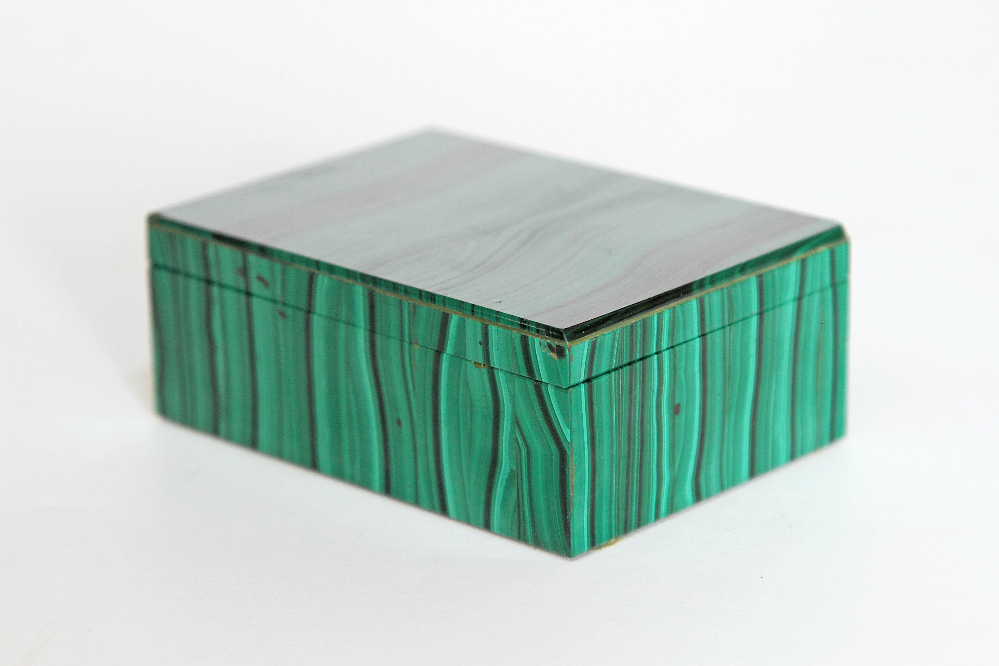 A vintage or midcentury malachite box, small, with very nicely matched pattern and a vibrant green color, white stone interior.