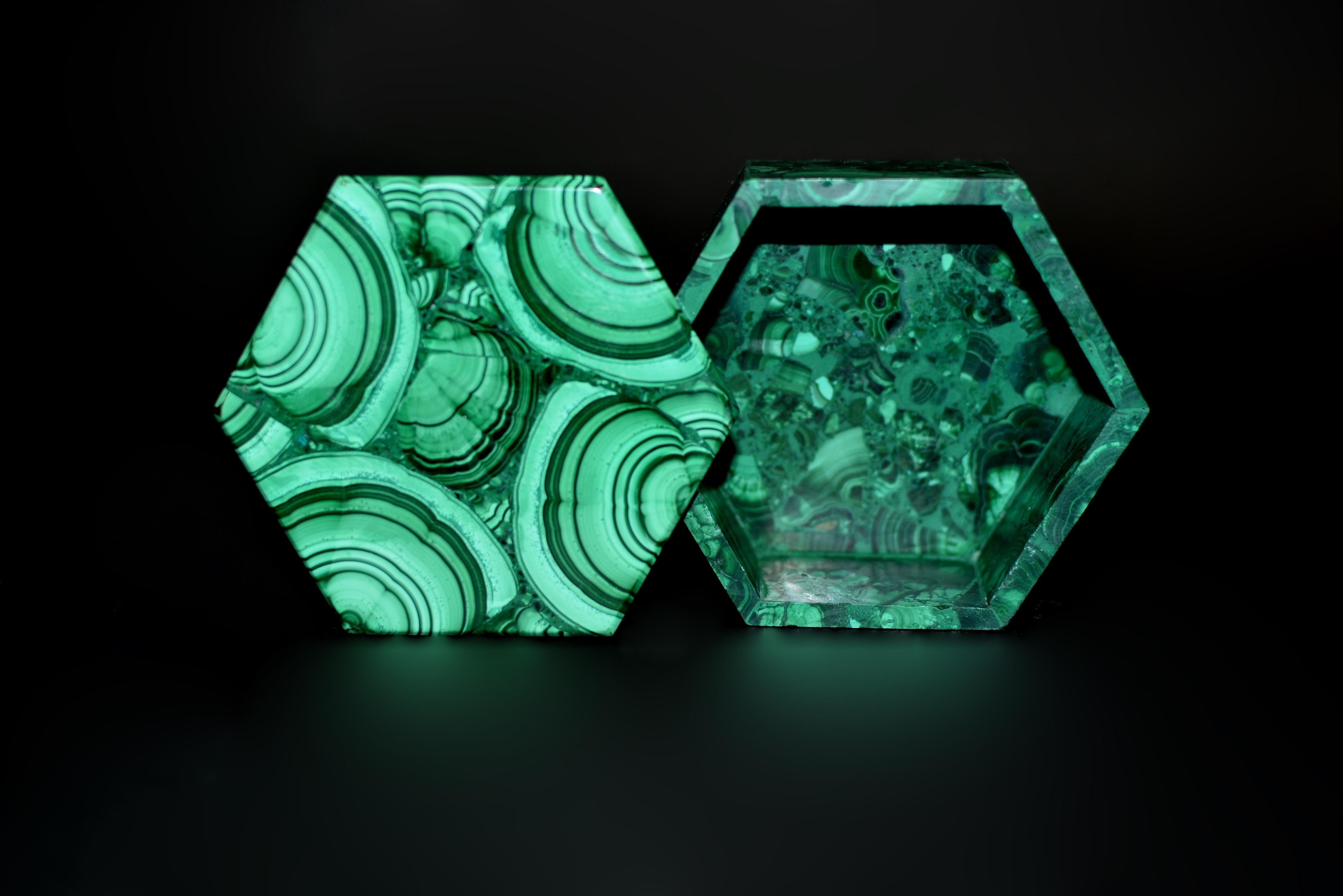 Malachite Box Turkey Tail Hexagonal Box For Sale 5