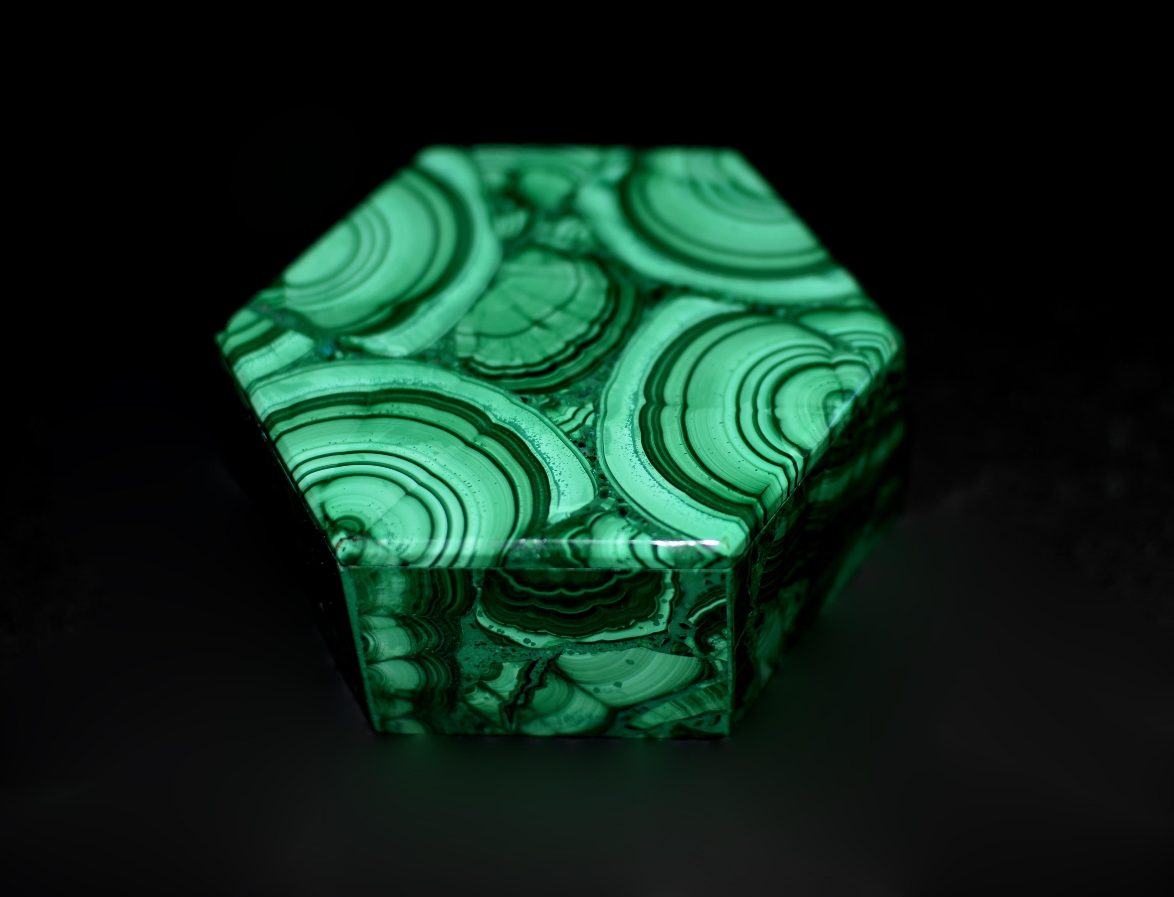 Italian Malachite Box Turkey Tail Hexagonal Box For Sale