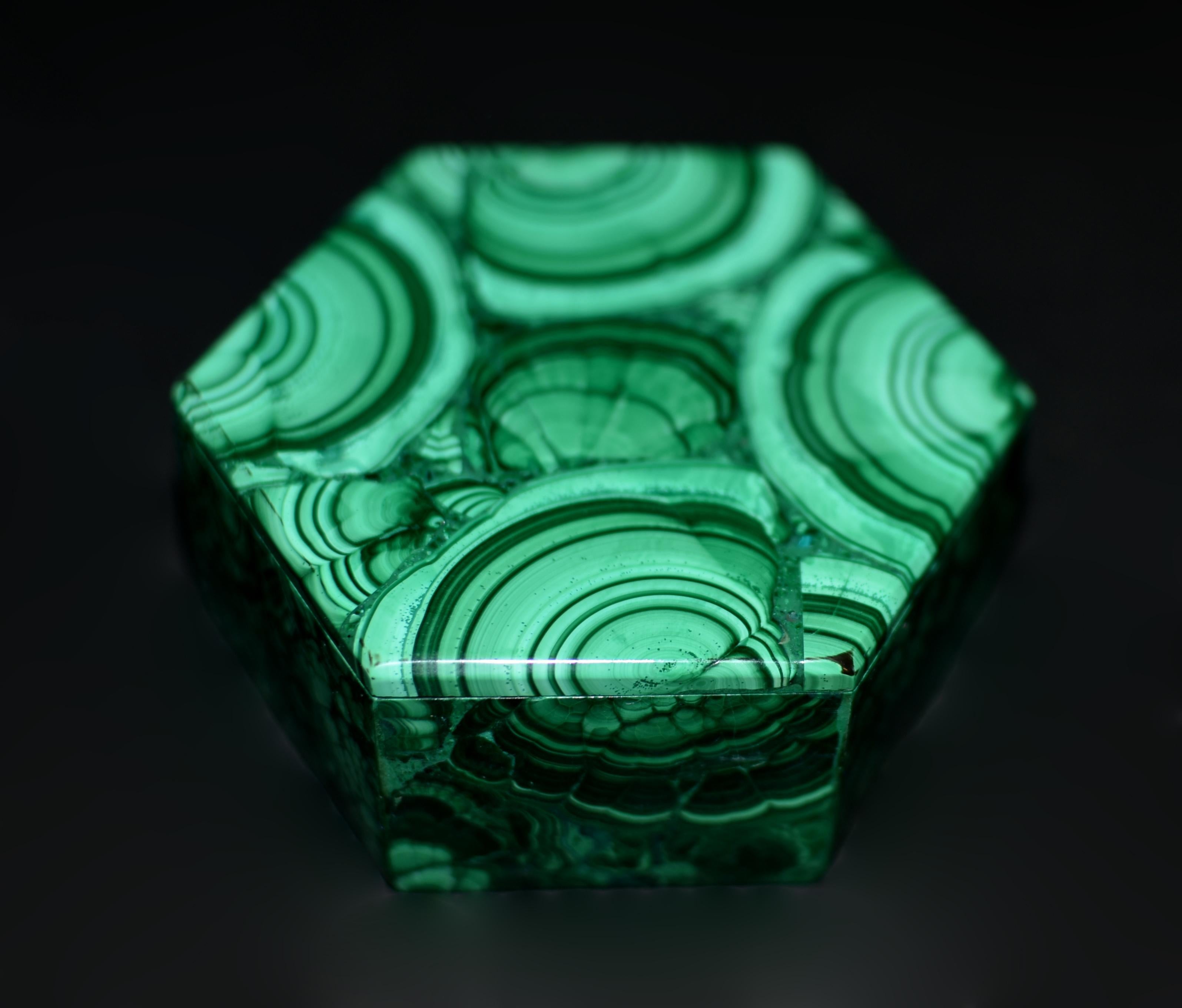 Hand-Crafted Malachite Box Turkey Tail Hexagonal Box For Sale