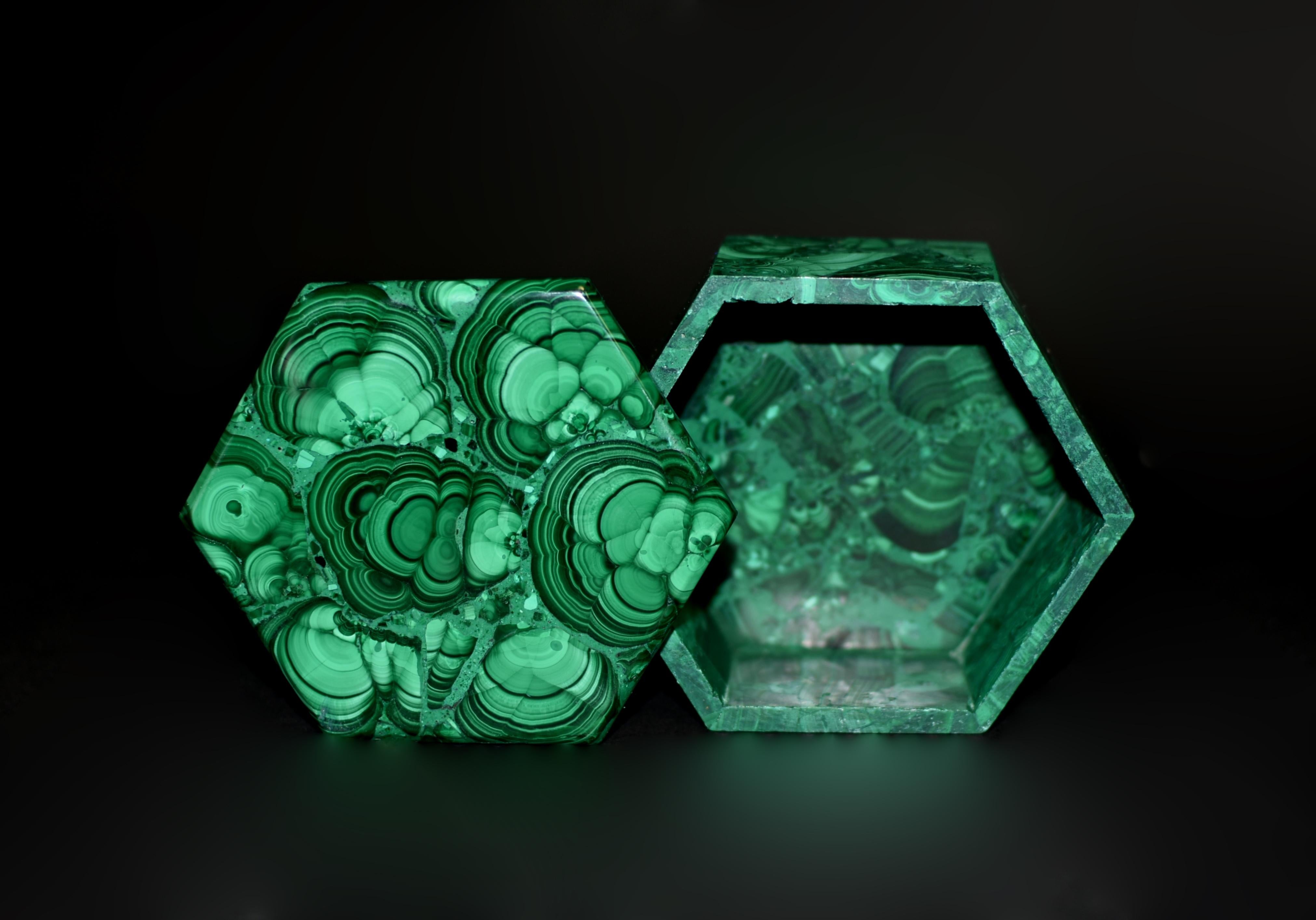 Italian Malachite Box Turkey Tail Hexagonal For Sale