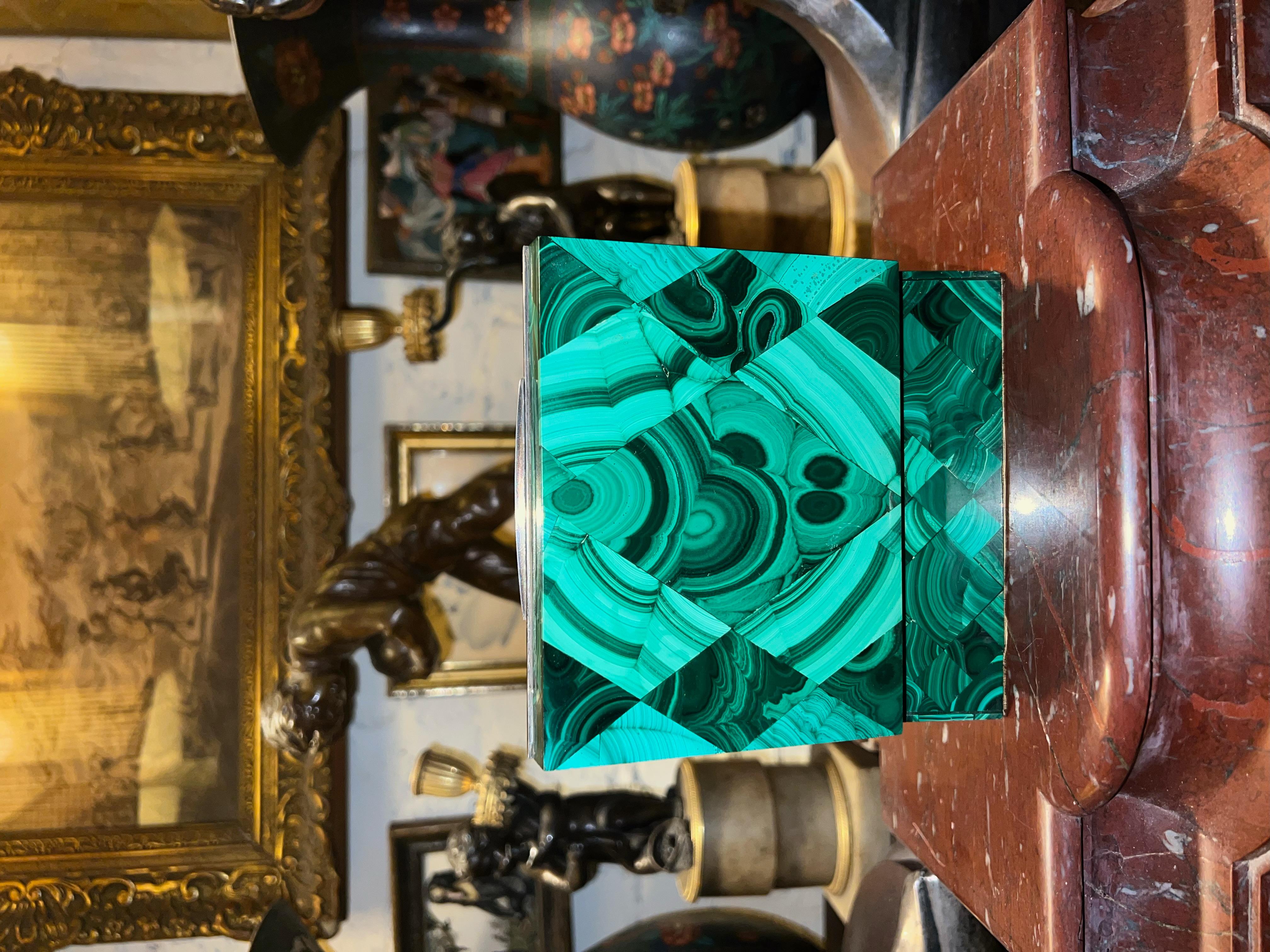 Malachite Box with Sterling Silver Trim & Interior Lined with Red Velvet In Good Condition In Brooklyn, NY
