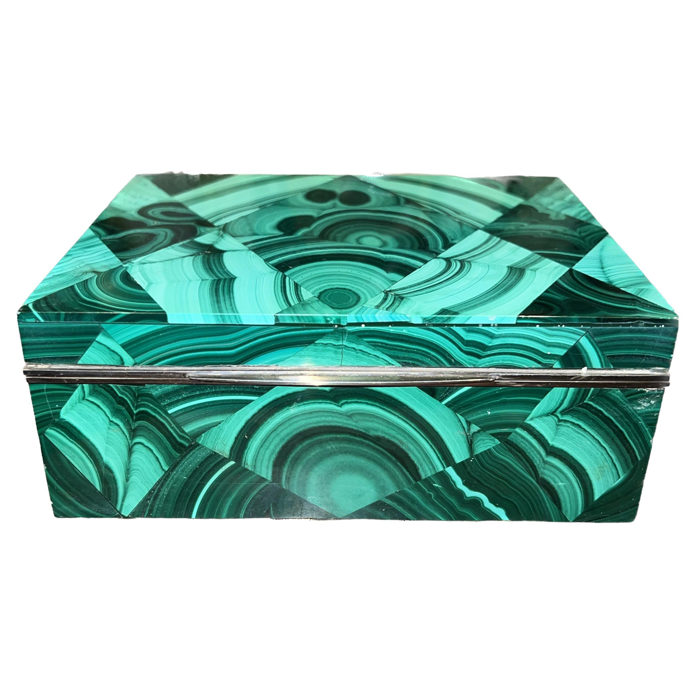 Malachite Box with Sterling Silver Trim & Interior Lined with Red Velvet