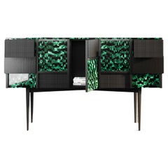 Malachite Storage Cabinet with Ash Wood and Wicker Accents