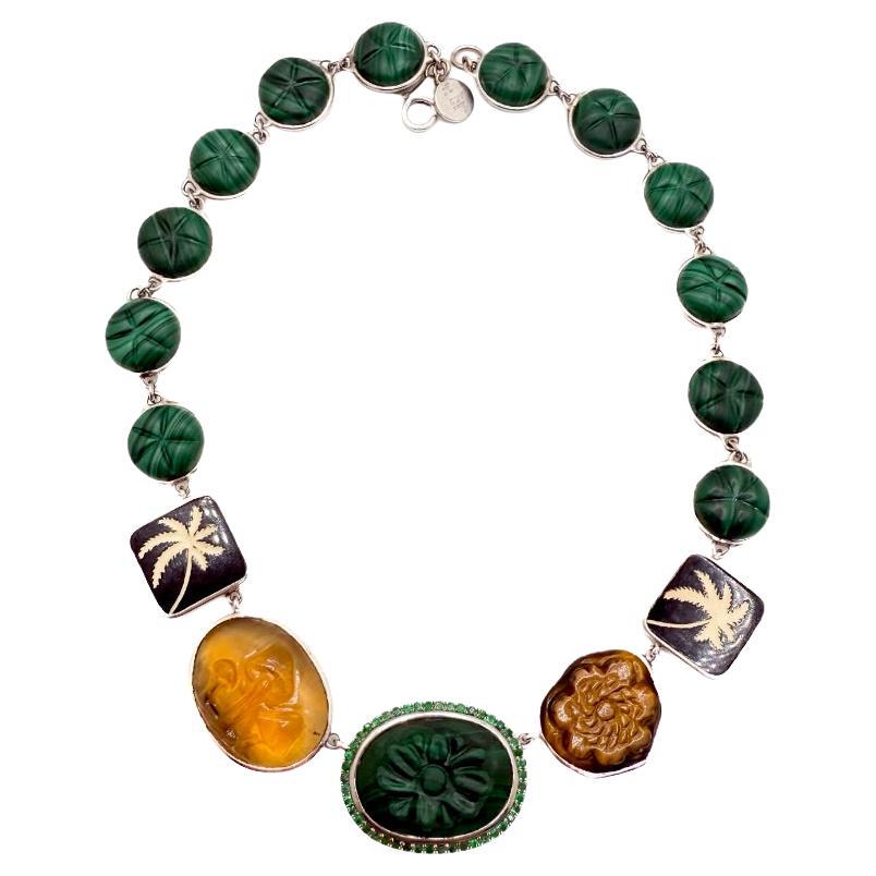 Neclakce con cactus di malachite e peyote in oro bianco 18 carati in vendita