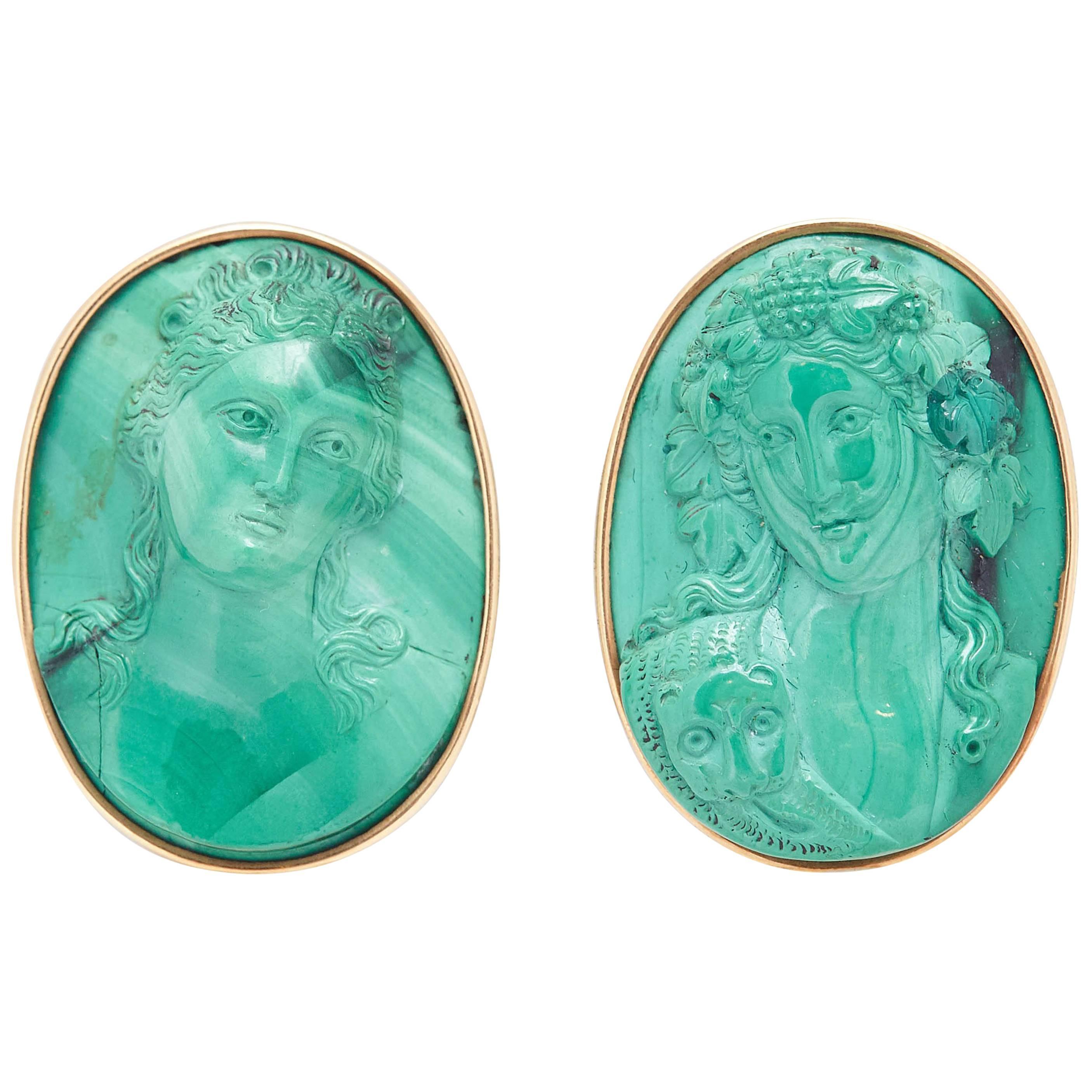 Malachite Cameo Gold Earclips For Sale