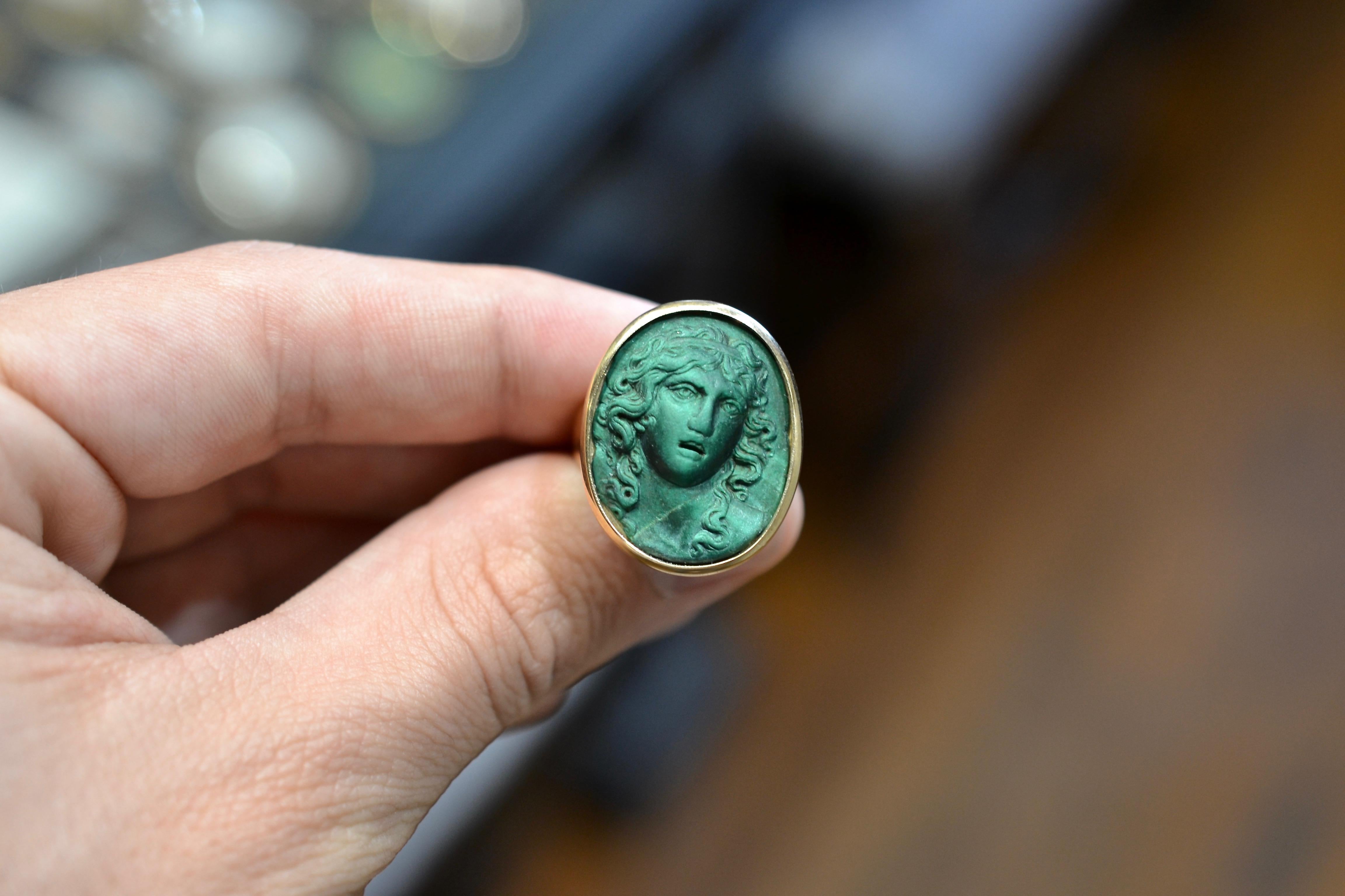 Uncut Malachite Cameo with a Bacchante Ring Italian, 18th Century