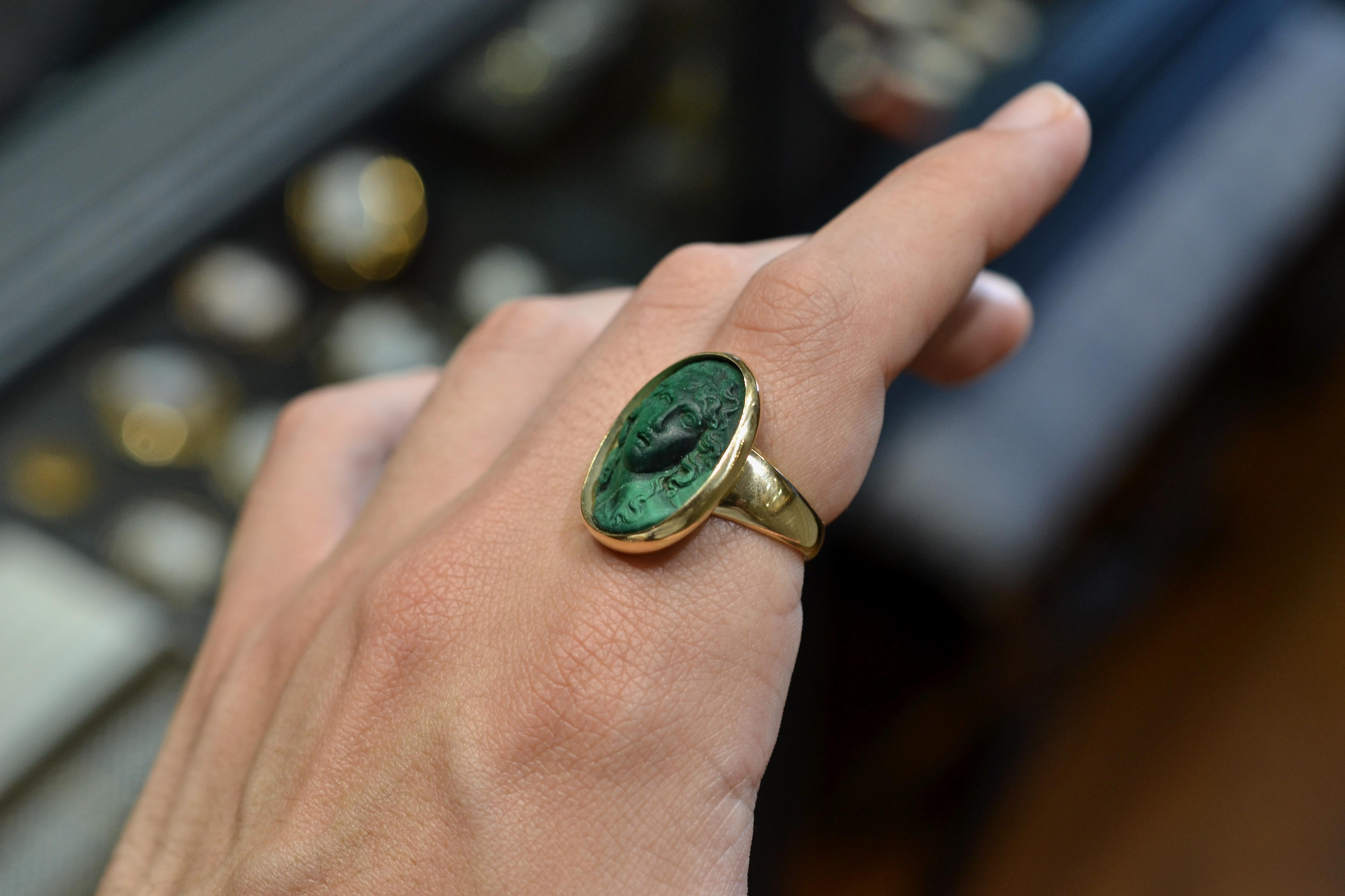 Women's or Men's Malachite Cameo with a Bacchante Ring Italian, 18th Century