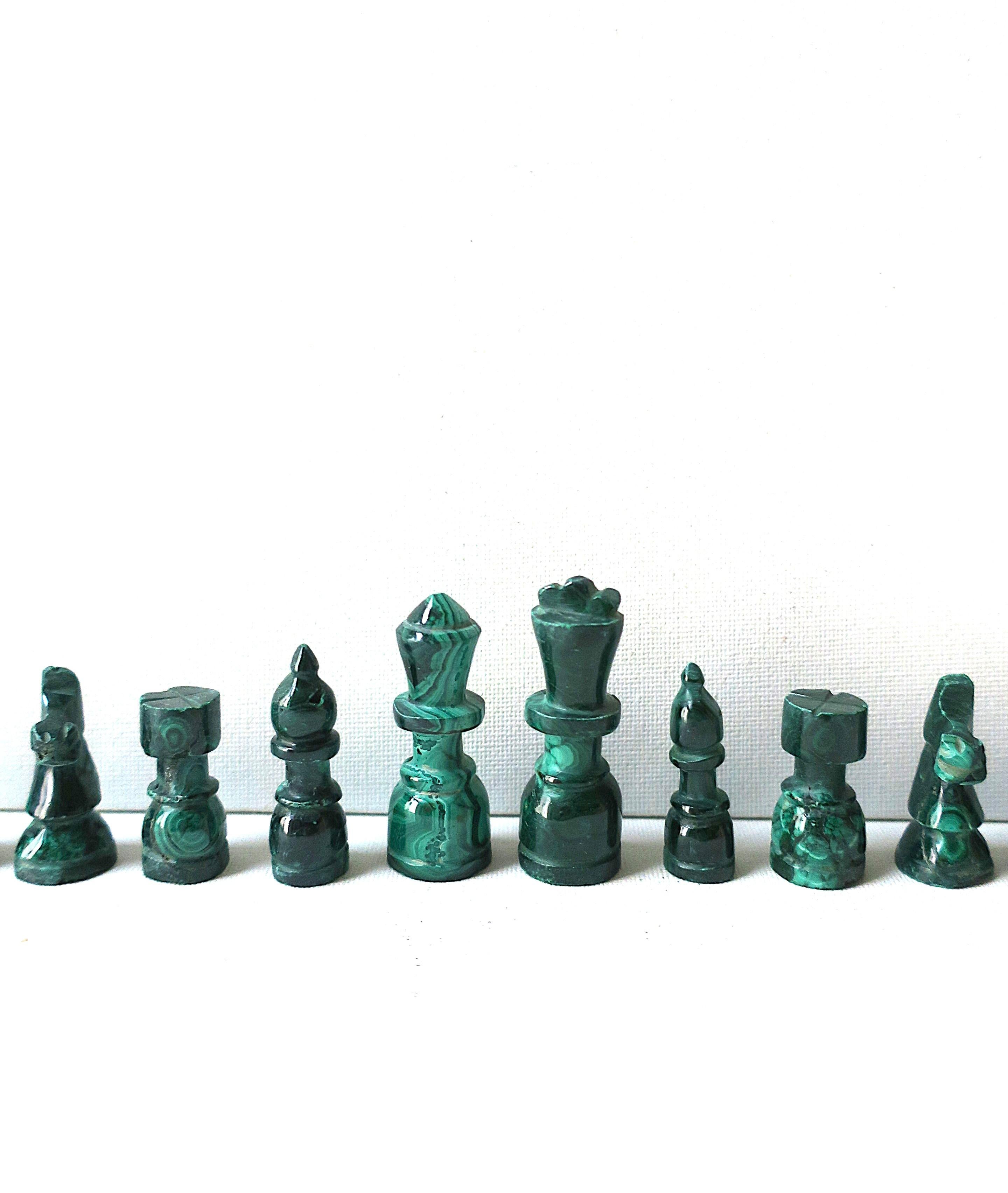 One beautiful set of 16 (pieces) green malachite chess pieces, pieces are hand-carved, circa 20th century, early to mid. Tallest: 2