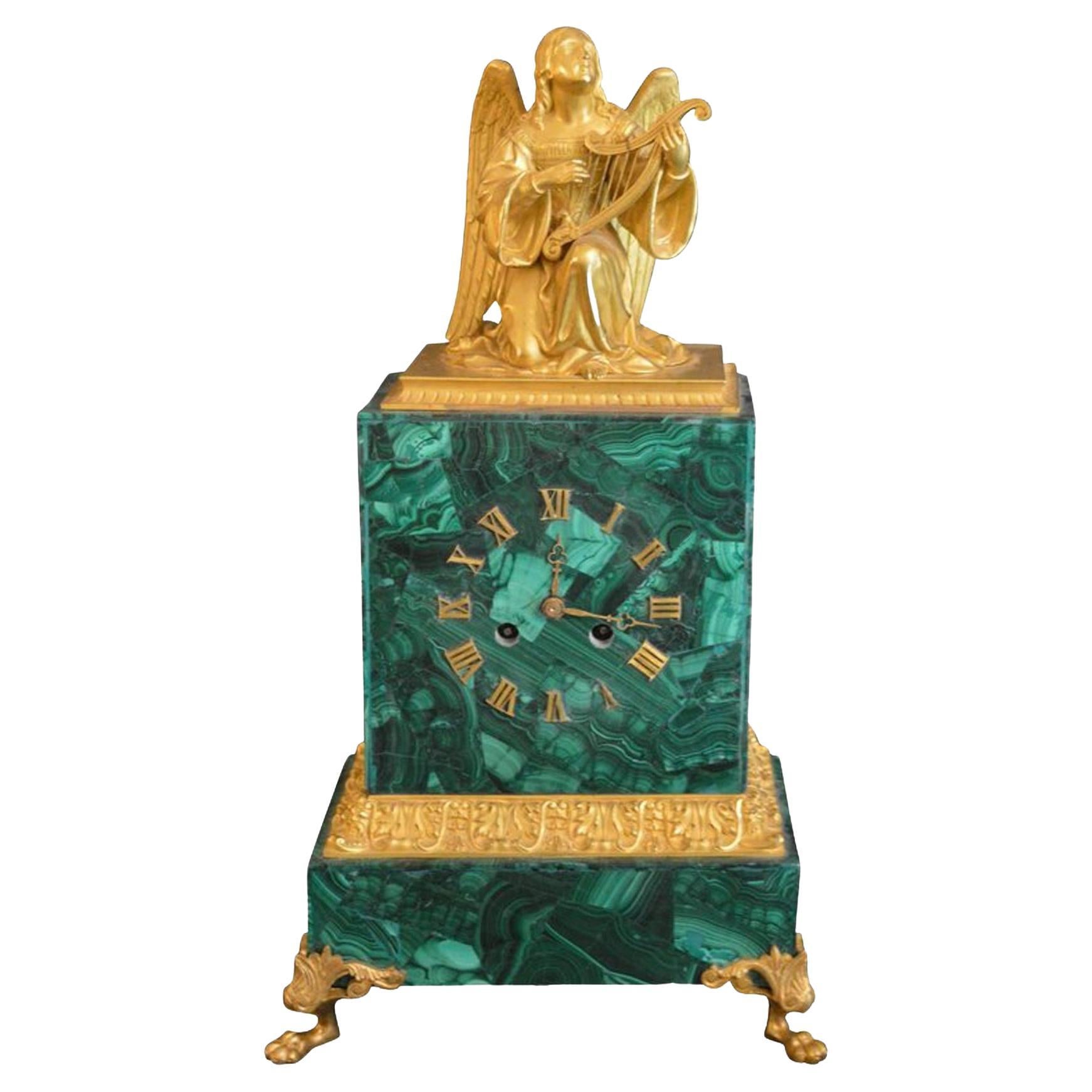 Malachite Clock with Gilded Bronze Angel For Sale
