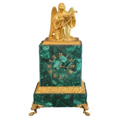 Antique Malachite Clock with Gilded Bronze Angel