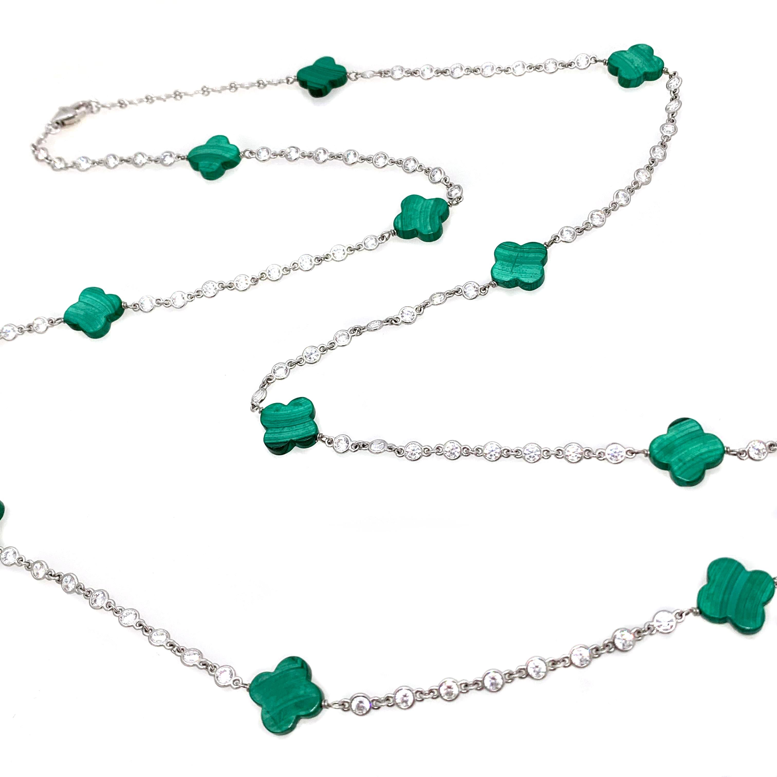 Contemporary Malachite Clover Sterling Silver Long Station Necklace