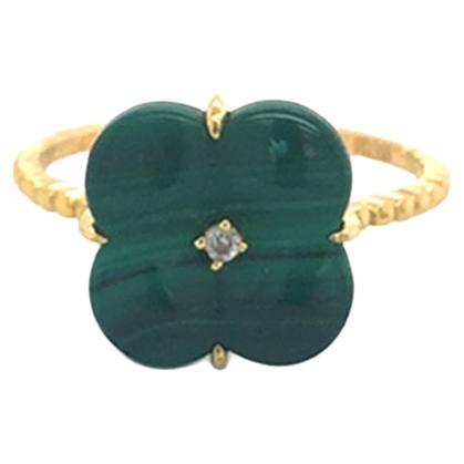 Malachite Clover Natural Diamond Ring 18K Yellow Gold For Sale