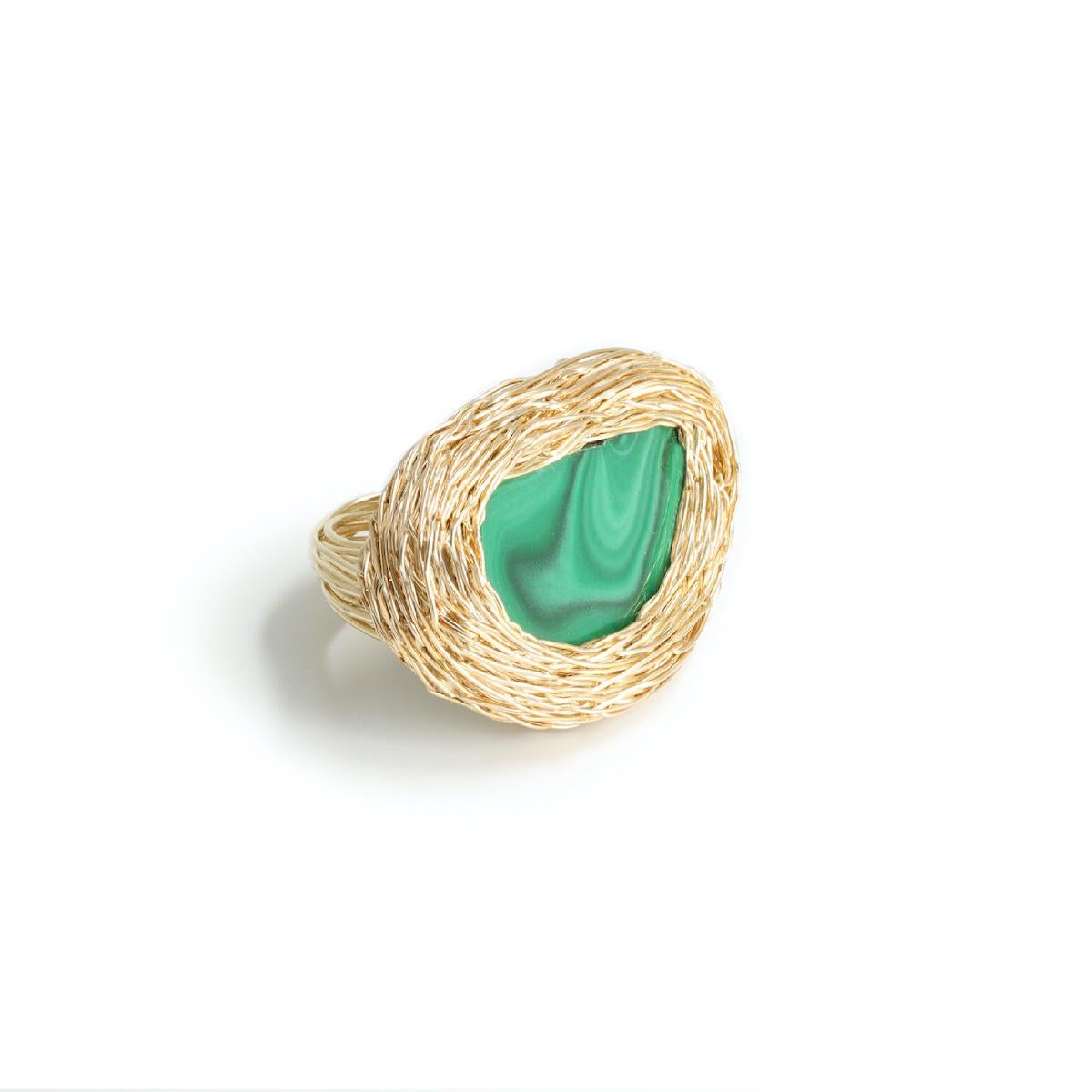 Contemporary Malachite Cocktail Ring created in 14 K in Yellow Gold F. by the Artist For Sale