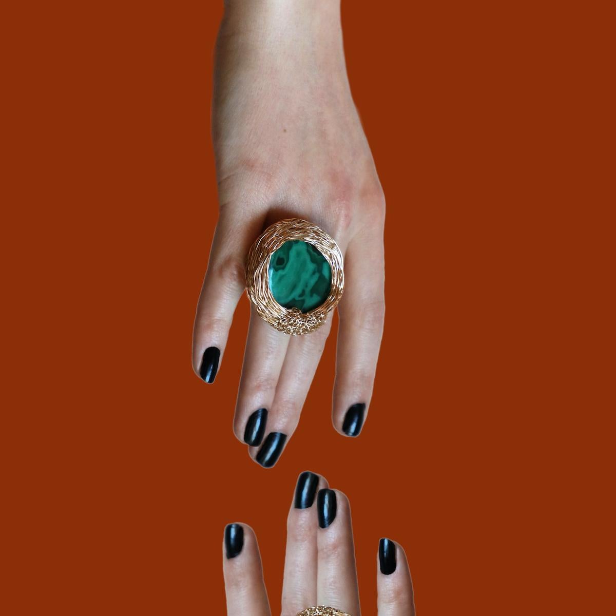 Malachite Cocktail Statement Ring 14 K in Yellow Gold F. by the Artist In New Condition For Sale In Engelberg, CH