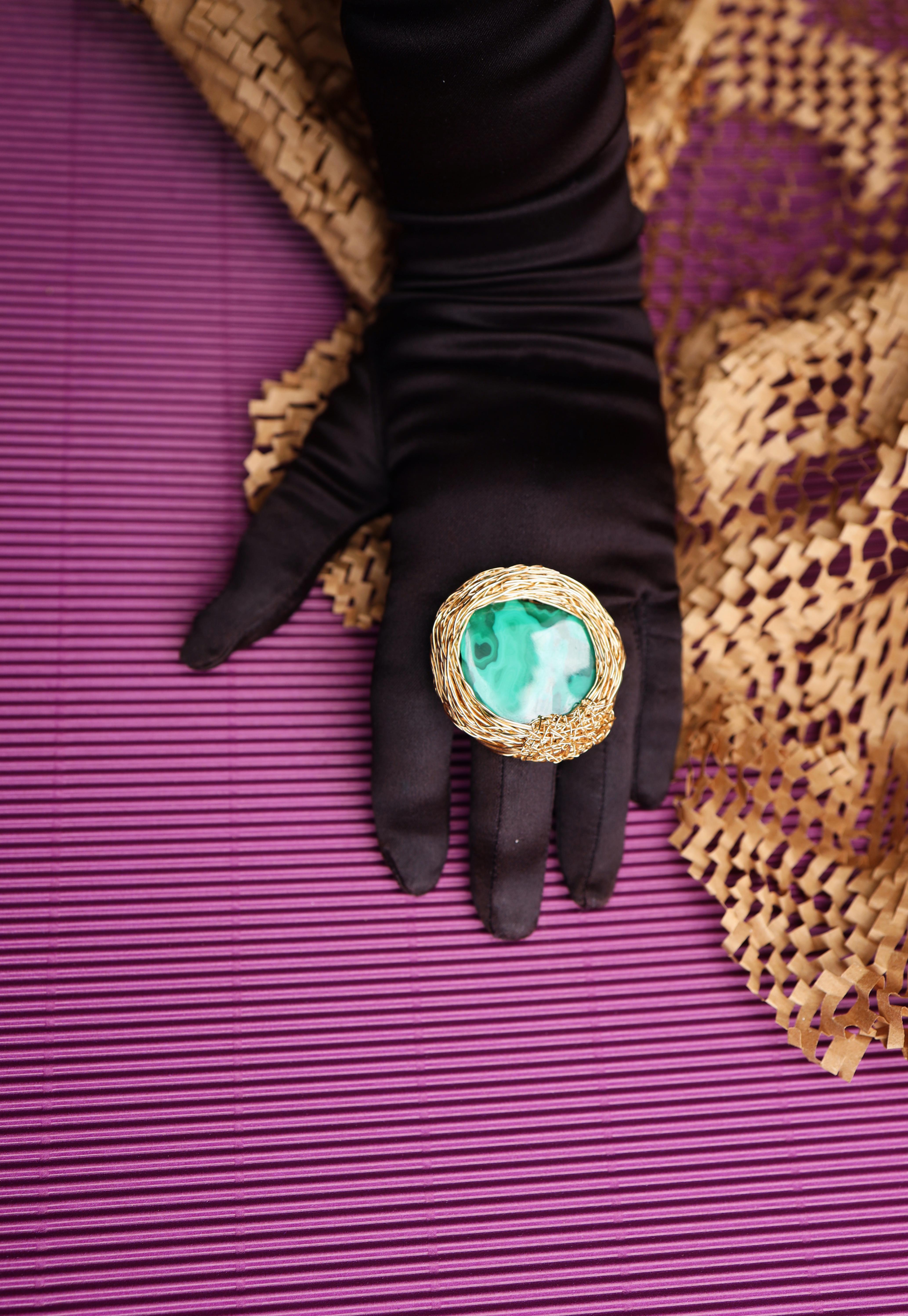 Malachite Cocktail Statement Ring 14 K in Yellow Gold F. by the Artist For Sale 5